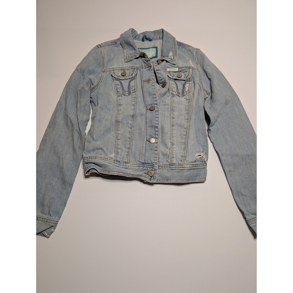 Hollister Light Wash Distressed Denim Trucker Jacket Womens Medium Blue Cotton